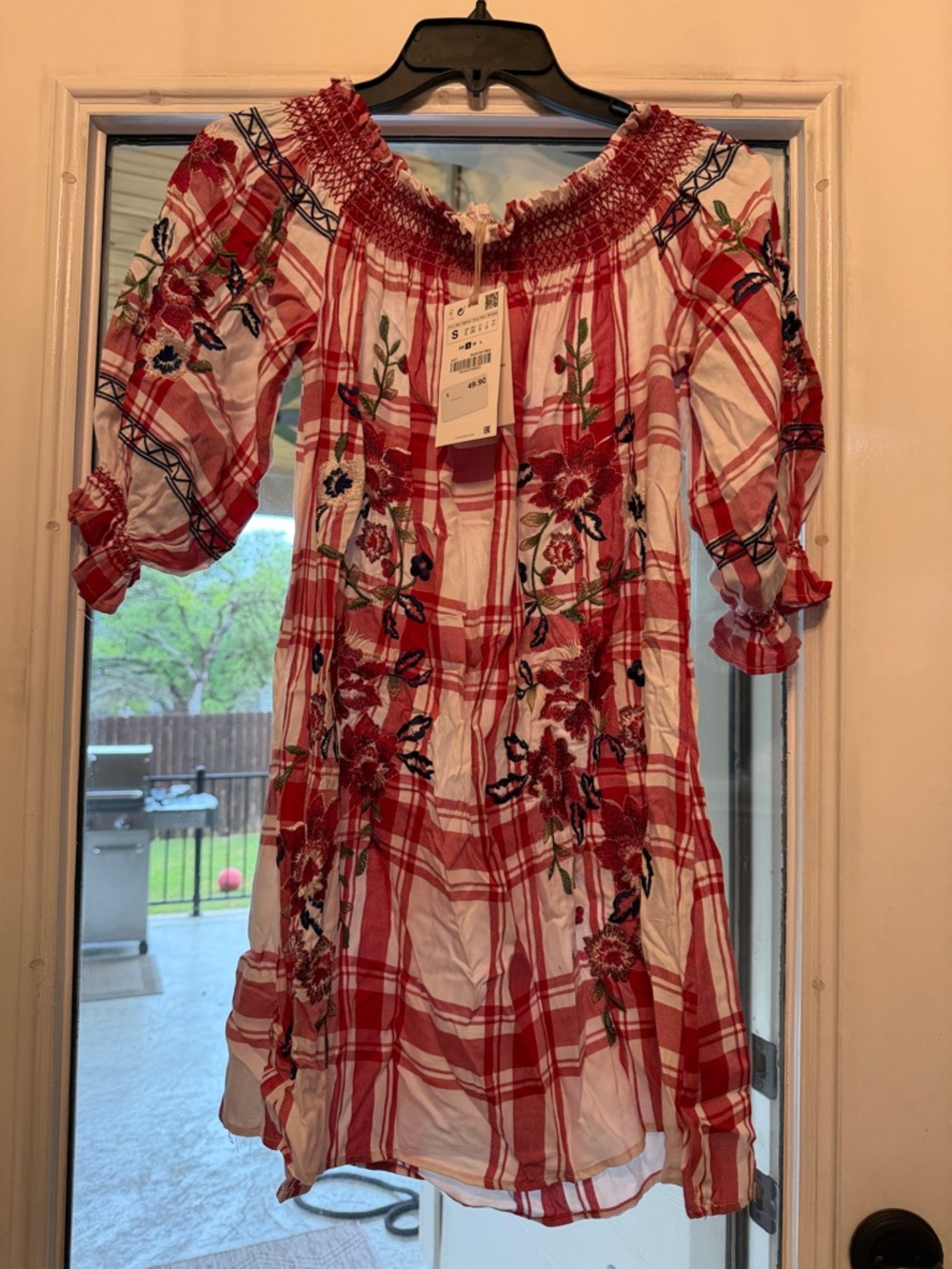 Zara Red and White Plaid Off-Shoulder Dress with Floral Embroidery